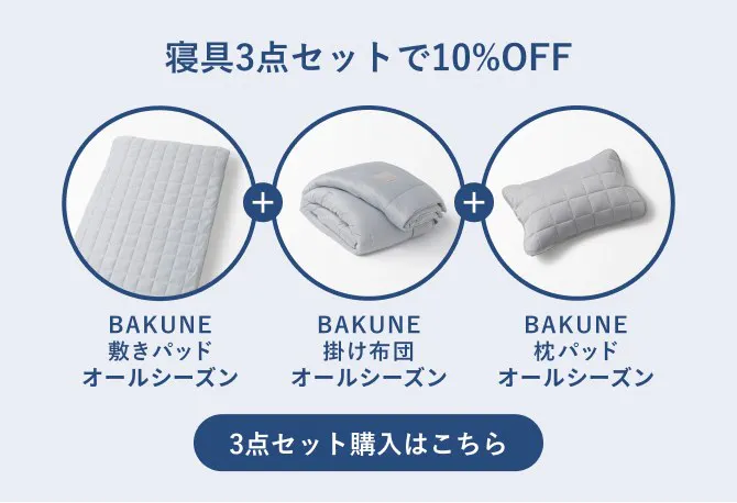 寝具3点セットで10%OFF。BAKUNE敷きパッドオールシーズンとBAKUNE掛け布団オールシーズンとBAKUNE枕パッドオールシーズンのセット